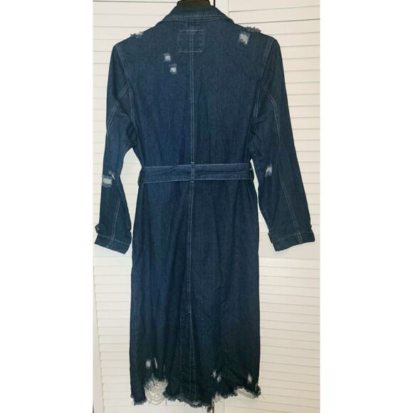 Now N Forever Denim Jean Duster Long Jacket Coat M/L Distress Pockets Belted New - Picture 8 of 14